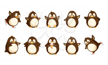 Penguins North Pole animals isolated icons set vector. Seabirds showing happy emotions, eating ice cream and skating, falling down and waving wing