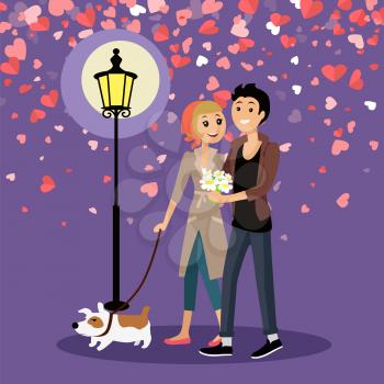 Embracing couple walking outdoor with dog near glowing lantern. Man giving bouquet of daisies to woman. Valentines card decorated by red hearts vector