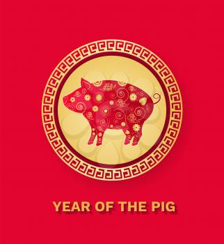 Piggy and flowers in gold circle vector. Animal with pattern isolated on red, Chinese festive year of the pig. Holiday banner in bright and golden colors