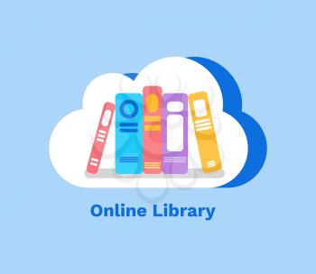 Online library, books in cloud on blue. Electronic education concept, e-books modern idea of learning and knowledge. Study and training online flat vector