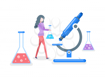 Researches conducted by woman scientist isolated vector. Microscope instrument, device with zoom chemical substances. Appliance for chemists device