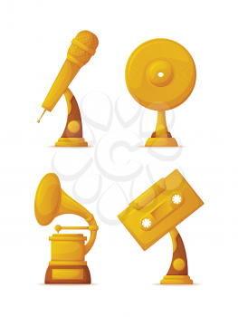 Gold music prize trophies, musical art awards vector. Microphone and vinyl disc, gramophone and cassette tape shapes of rewards, competition or contest win