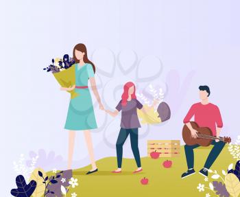 Man playing guitar in park vector, woman with child holding bouquet of flowers and foliage. Man and woman, mother with daughter walking by musician