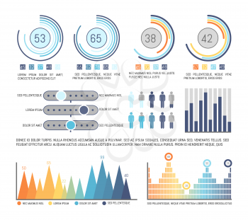 Infographics and pie diagrams with figures data vector. Tables and schemes with people population information. Circles flowcharts and infocharts 