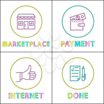 Marketplace and payment set. Wallet filled with money banknotes, internet and list with pen. Internet activities outline posters vector illustration