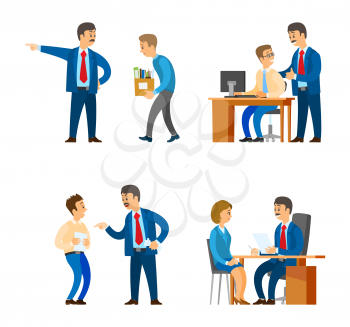Boss professional director interacting with workers vector. Man leaders of company supervising man, recruitment workers employment and fire, discharge