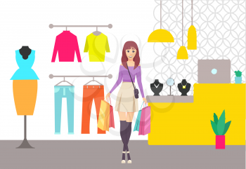 Shopping lady with bags walking from store vector. Girl in shop with clothes and accessories, hangers and mannequin with dress, trousers and sweater