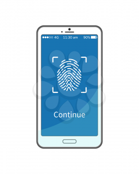 Continue work with gadget put fingerprint on smartphone display, personal identity password. Mobile phone and touch screen sign, identification process