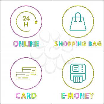 Online shopping posters set. Bag icon linear outline, card method of payment for order by virtual money. E-commerce transaction, vector illustration