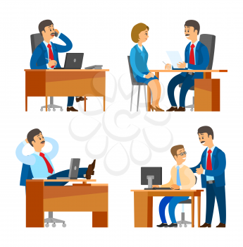 Boss chief executive interviewing candidate on job vector. Company leader having break in office, director talking on phone with partners and clients