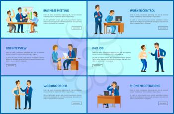 Boss and employee relationships web pages. Office work, phone negotiations, job interview and worker control, clerk with manager, business meeting vector
