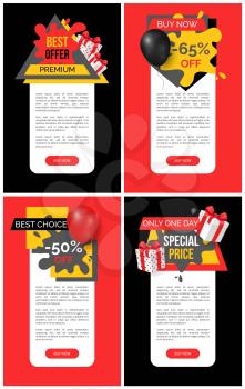 Buy now 65 percent discount, shop and store sale web site templates. Banner with text and inflatable balloon, commerce trading business promotion
