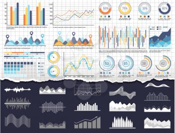 Infographic and charts, business pie diagrams schemes vector. Visual representation of information, statistics of data, analyzing results flowcharts