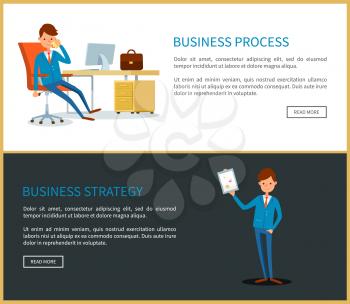 Business process and strategy, plan of businessman holding paper with data vector. Web pages with text sample, director chief executive in office