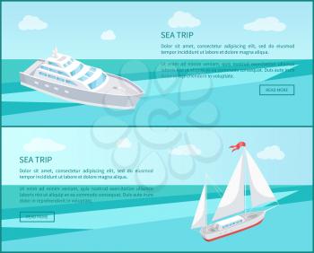 Sea trip web poster passenger liner marine traveling vessel vector. Modern yacht sailing in deep blue waters, steamship cruise nautical craft, sailboat