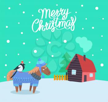 Merry Christmas greeting poster with animals vector. Celebration of winter holiday, horse and bullfinch sitting on its back. Tree and house with fence