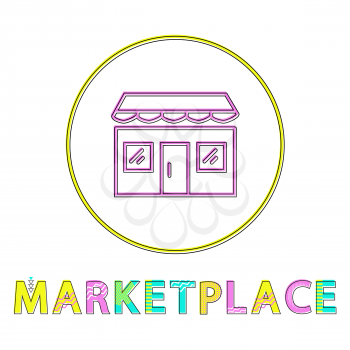 Marketplace color minimalist thin line design framed icon for depiction seller and buyer interaction providing place. Concept for trading platform.