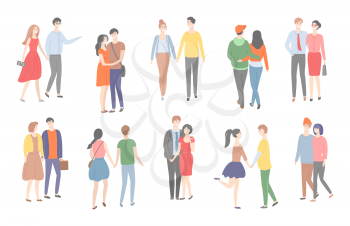 Couples of men and women in love walking together vector. People having good time, hugging and cuddling, strolling females and males holding hands