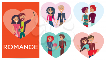 Five portraits of romance pair in shape of heart vector illustration. Different couples in love with flower holding hands, makes selfie.