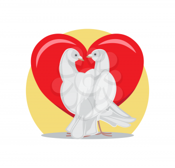 Doves looking at each other with passion on background of red heart, symbols of eternal love, white pigeons isolated vector illustration, Valentines day