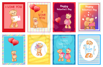 Valentines day postcards with I love you signs and adorable teddy bears with balloons in shape of heart isolated cartoon vector illustrations set.