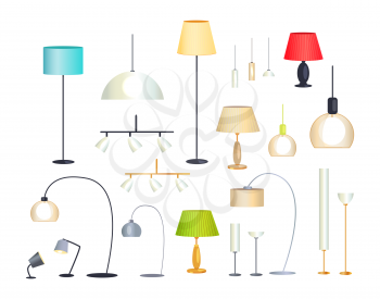 Modern indoor creative floor lamps, compact lanterns and minimalistic chandeliers isolated cartoon flat vector illustrations set on white background.