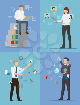 Four banners with busy people vector illustration with one woman and three men in official suits standing and sitting surrounded by different icons