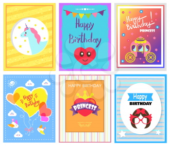 Happy Birthday princess, collection of cards, unicorn and stars, heart and headline, carriage and title, clouds and balloons vector illustration