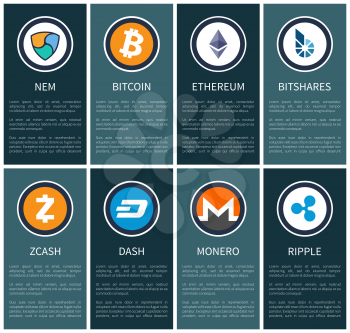 Cryptocurrency symbols on vertical promotional posters with sample texts on dark background. Digital money vector illustrations advertisement banner.