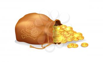 Bag of brown color with sign of traditional symbol skull of pirates, lots of golden coins in it, poster vector illustration isolated on white