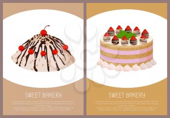 Cakes variety delicious desserts, web page for online shopping with text, sweet bakery with cream, banners isolated on vector illustration