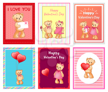 I love you and me teddy bears with heart sign vector illustration of stuffed toy animals, presents for Happy Valentines Day, cartoon posters
