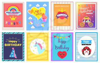 Happy Birthday princess, set of cards, rainbow and crown clouds and balloons, carriage and flowers, unicorn and stars, isolated on vector illustration