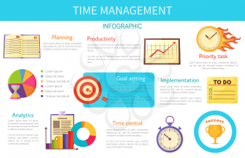 Day planning, work productivity, priority task, goal settings,time control, information analytics and plans implementation vector illustrations set.