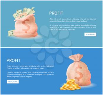 Profit web posters set with sacks full of money vector illustration of bag with dollar banknotes and golden coins, pages with read more buttons on blue