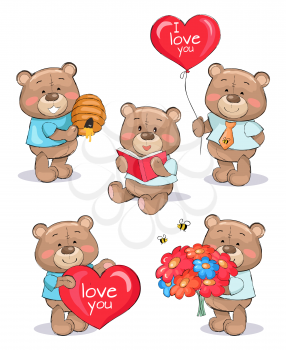 Soft fluffy teddies set, male characters with beehive, red book, air balloon, bouquet od flowers, holds heart with text I love you,vector illustration