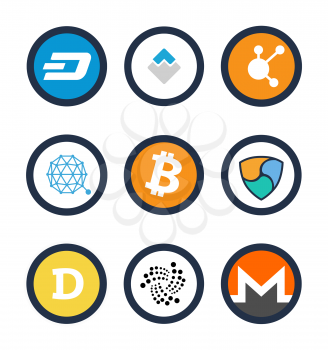 Various cryptocurrency signs set inside small circles isolated cartoon flat vector illustrations on white background. Modern digital money collection.