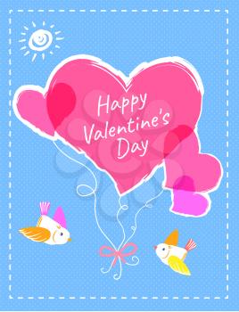 Happy Valentines day bright postcard with pink hearts on rope tied with ribbon and little birds cartoon flat vector illustrations on blue background.