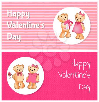Happy Valentines day poster with two bears male teddy going to present gift box to female soft toy, or to give her flower vector greeting cards design