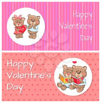 Happy Valentines day posters with soft fluffy teddies, female holds heart with text I love you, male confused, couple read books vector illustration
