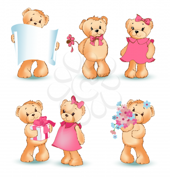 Teddy bears collection on Valentines day, characters with balloons and toys, love letters and flowers, sheet of paper, isolated on vector illustration