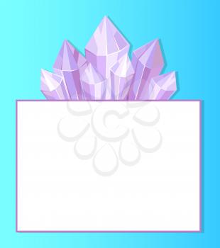 Purple crystals and place for text in white frame vector illustration natural resources poster isolated blue background. Fluorite geological material