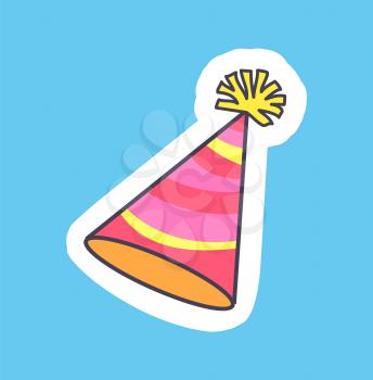 Festive colorful hat banner vector illustration of bright celebration cap with yellow and bright pink stripes isolated on blue background, cuto bubo