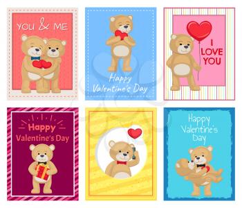 Adorable bears on Valentines Day postcards which hug each other, hold heart-shaped balloons, talks by phone, stand with gift vector illustrations.