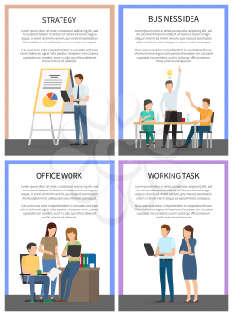 Business idea strategy working office task posters vector illustration of discussing workers with laptops and schedules, text sample, bright backdrop