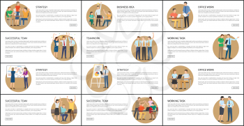 Office work strategy business vector illustrations of set of business cards, successful employees with schedules and laptops working on various tasks