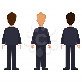 Man constructor set of cartoon characters in classic suit, with different hairstyle and color, vector illustration isolated, back view males flat style