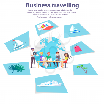 Business travelling agency advertisement banner with workers around table and photos of luxurious yachts and tropical palms vector illustrations.