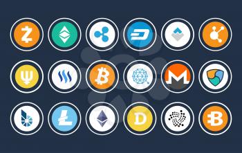 Cryptocurrency collection of icons, digital asset created to work with money in internet, future of financing and banking, vector illustration