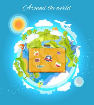 Around the world color card vector illustration with cute globe, lot of clouds trees and rivers mountain aircraft and sailboat, big case with stickers